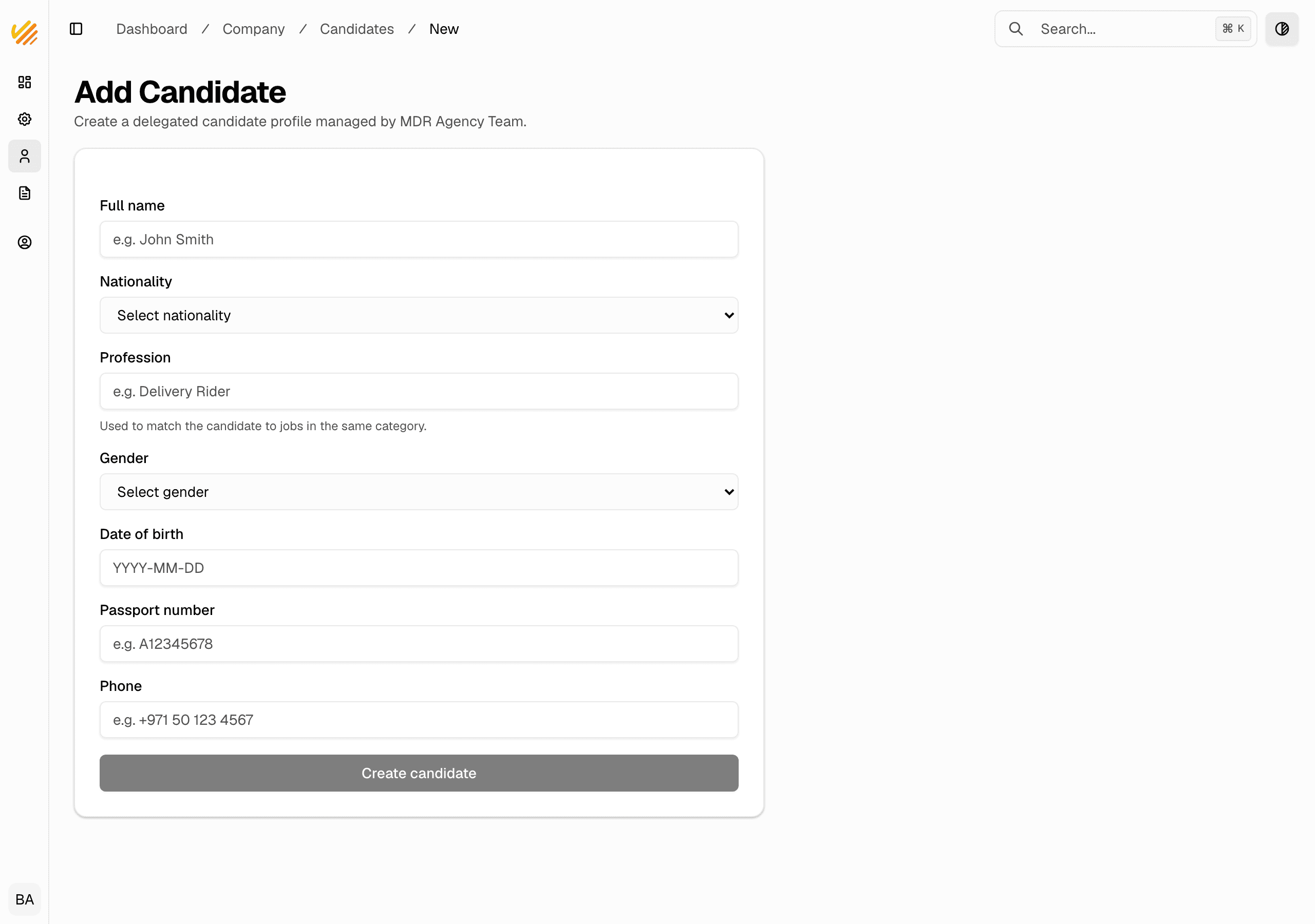 The add-candidate form