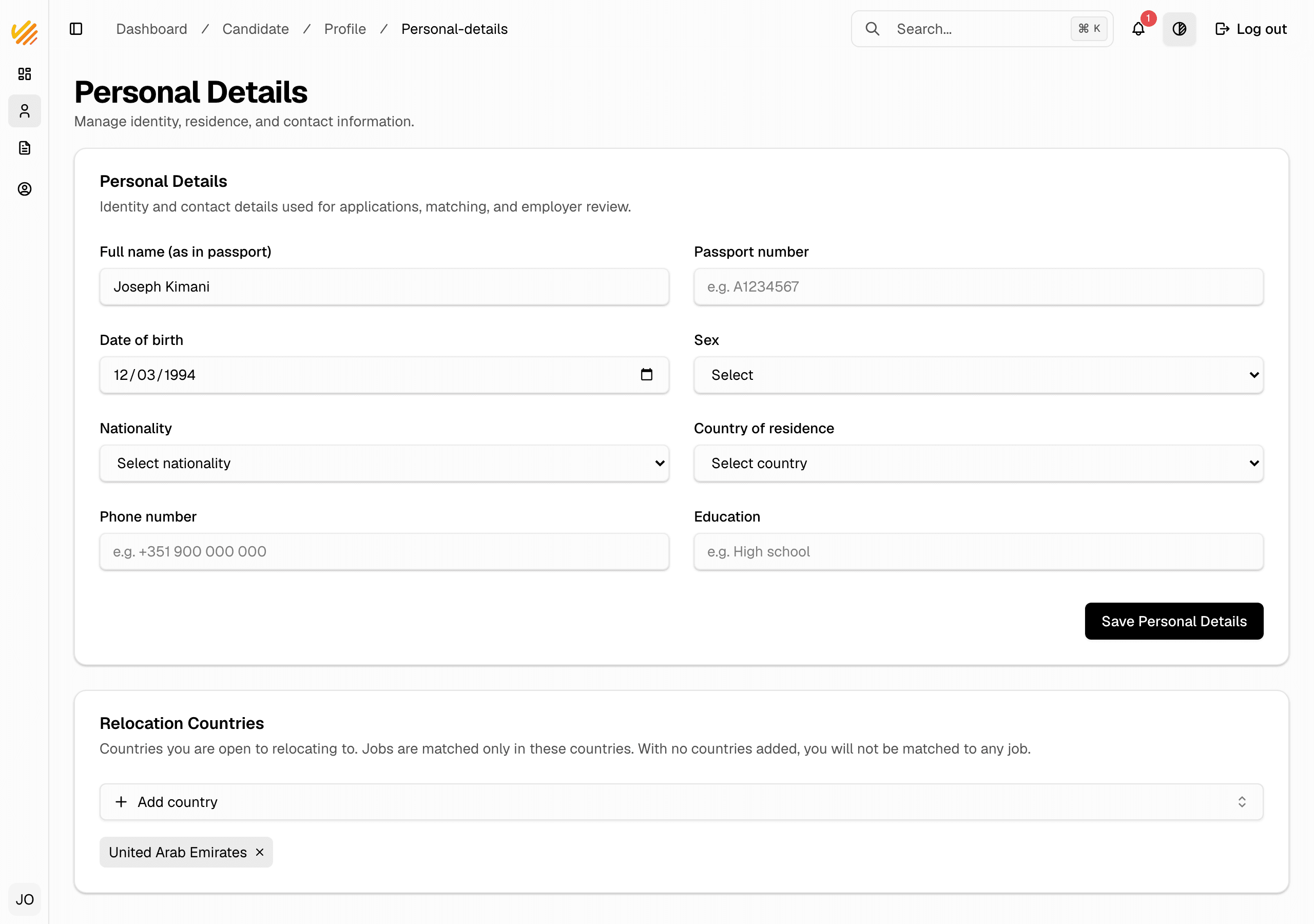 The personal details page
