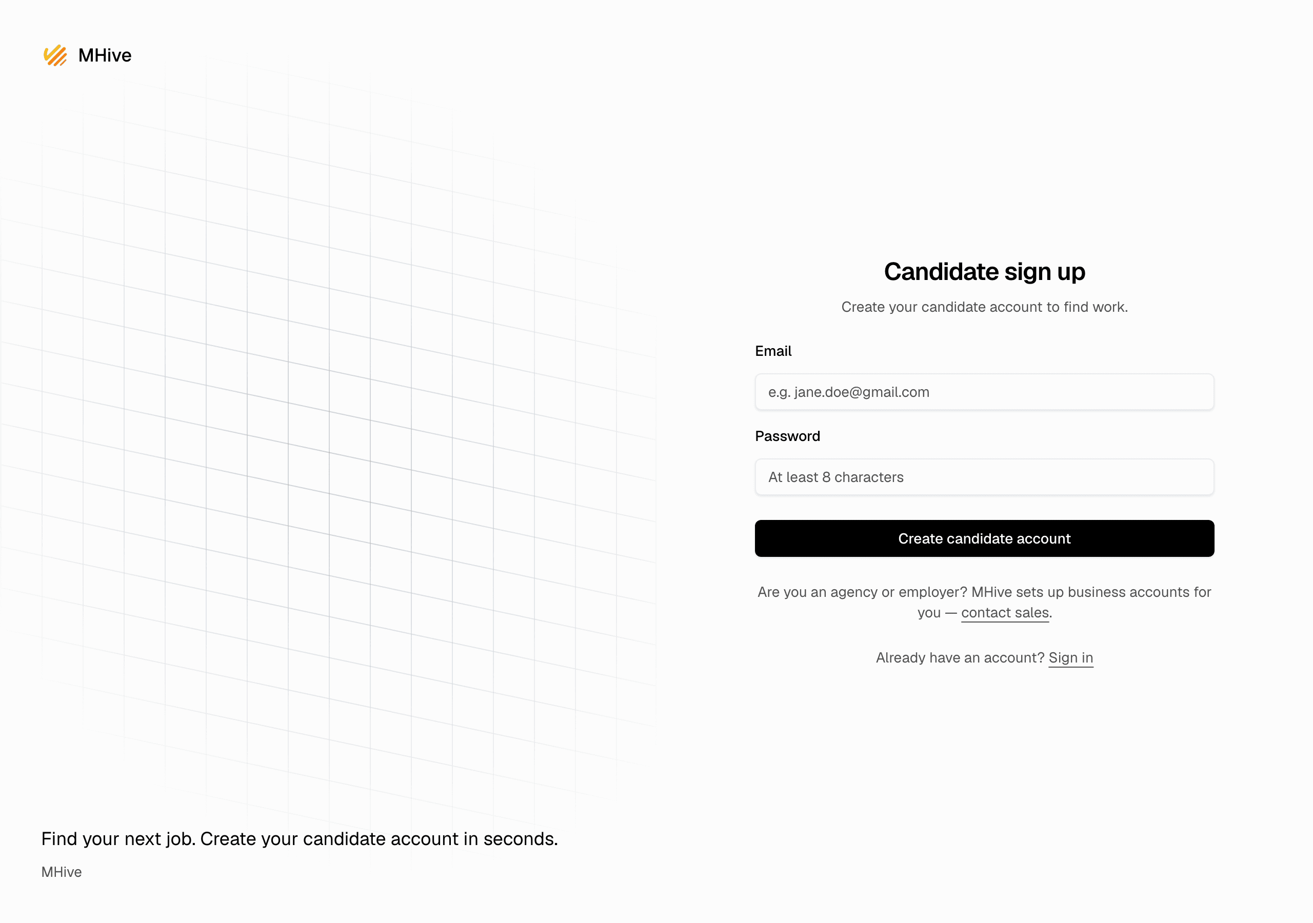 The candidate sign-up page