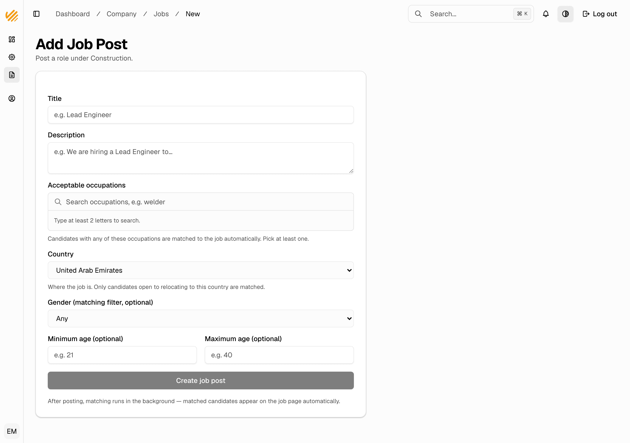 The Add Job Post form